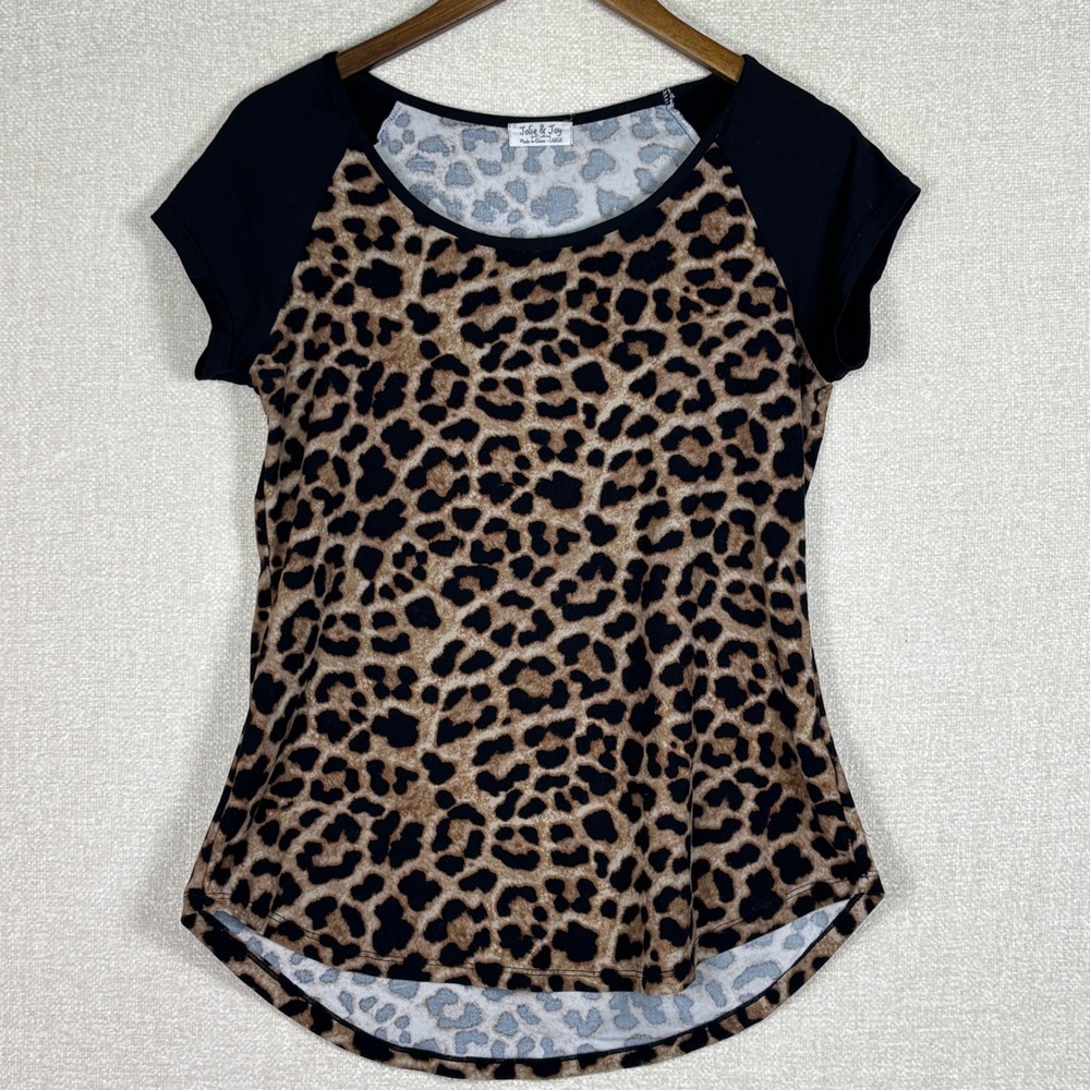 Jolie & Joy Leopard Print Raglan Top Womens Large Black Animal Scoop Neck